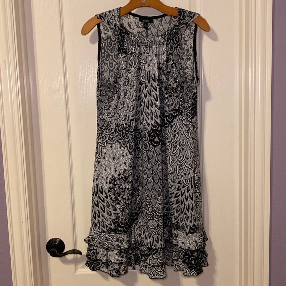 MSK Women’s Black and White Sequined Ruffle Hem Party Dress Size Large NWOT